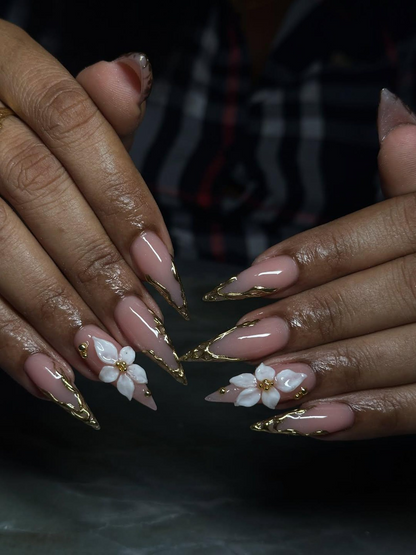 Nude Pink Luxury Press On Nails | Blush Floral Nails | 3D White Flower Nail Art | Elegant Bridal Press Ons | Soft Glam Nail Set | HC1232HC
