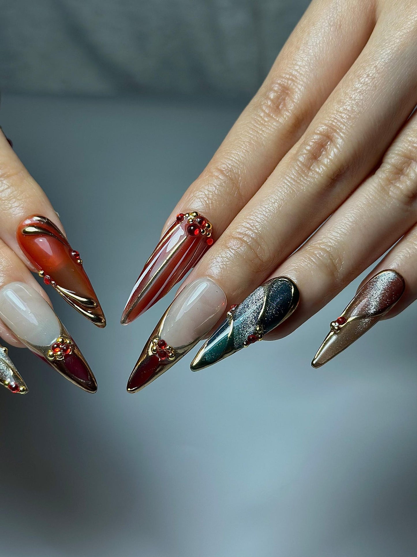 Chrome Glam Press On Nails | Red Green Gold Luxury Nails | Festive Glitter Stiletto Nails | Handmade Elegant Press Ons | DC1047HC