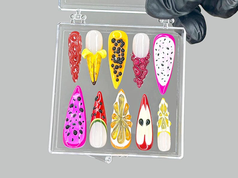 Tropical Fruit Press On Nails | Dragonfruit & Banana Nail Art | Colorful Fruit Press Ons | Kawaii Fruit Fake nails | Summer Nails | HB953YK