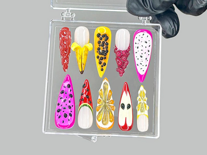 Tropical Fruit Press On Nails | Dragonfruit & Banana Nail Art | Colorful Fruit Press Ons | Kawaii Fruit Fake nails | Summer Nails | HB953YK