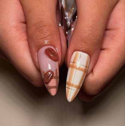 Teddy Bear Autumn Press On Nails | Fall & Autumn Coffee Nails | Cute Bear Nail Art | Plaid Neutral Nails | Handmade Luxury Nails |JB209EC