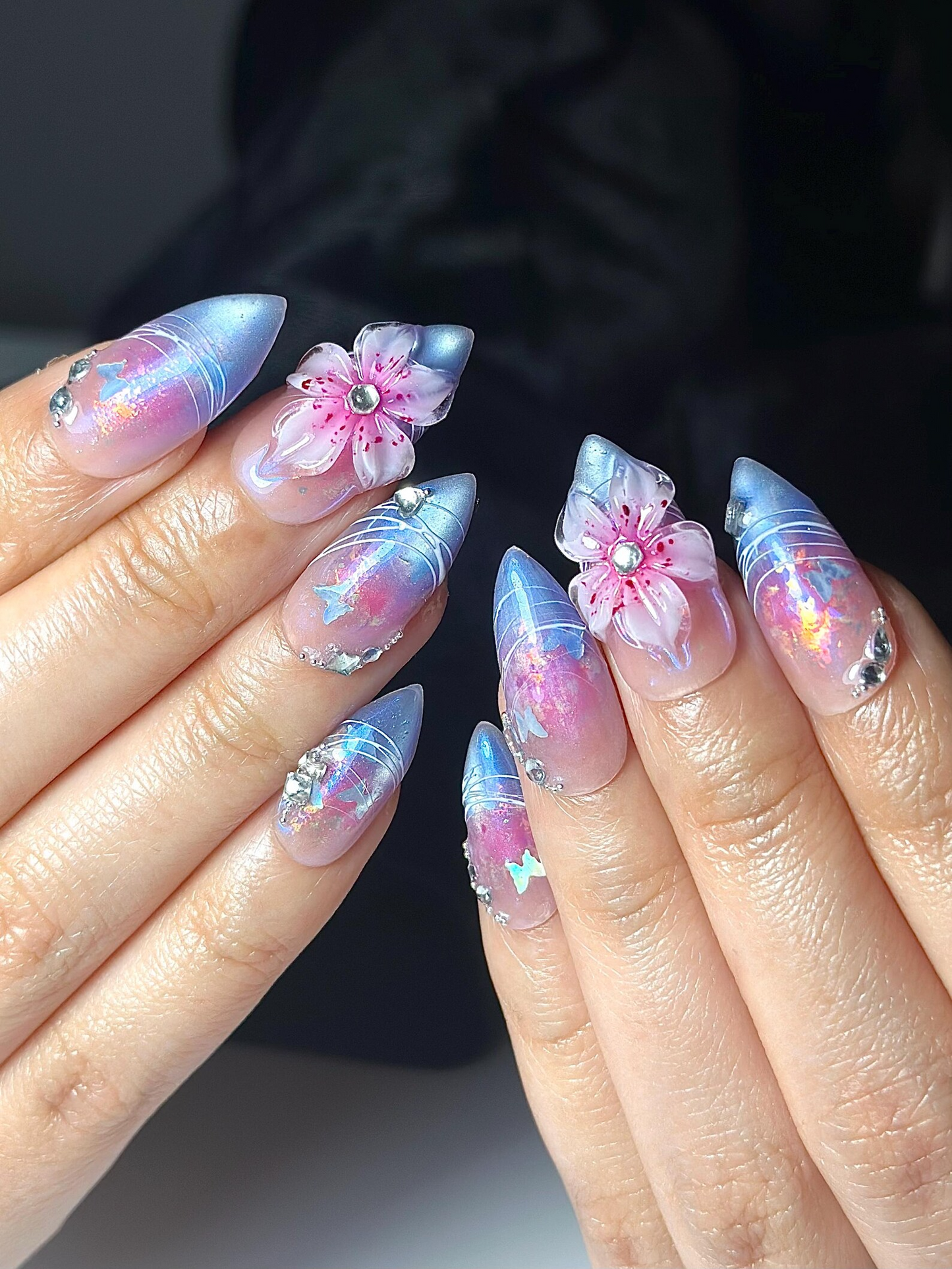 Aurora Galaxy Floral Press On Nails | Iridescent Chrome Stiletto Nails | 3D Sakura Flower Nails | Fantasy Butterfly Nail Art | DB1044HC