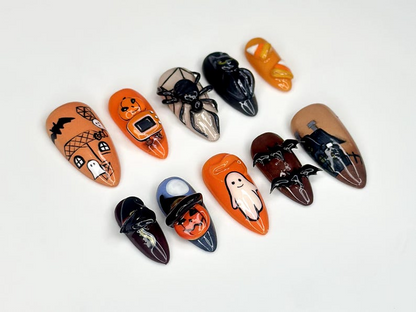 Haunted Night Press On Nails | Halloween Ghost Bat & Spider Nails | Pumpkin Candy Corn Nail Art | Handmade Stiletto Nails | JB176H