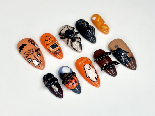 Haunted Night Press On Nails | Halloween Ghost Bat & Spider Nails | Pumpkin Candy Corn Nail Art | Handmade Stiletto Nails | JB176H