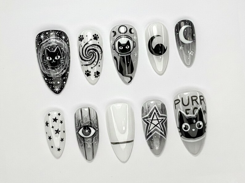 Cosmic Black Cat Press On Nails | Gothic Cat Nail Art | Moon Star Astrology Nails | Witchy Black White Press Ons | Mystic Nail Set | JB263H