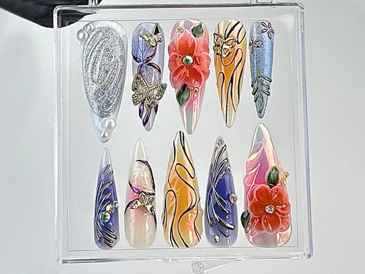 Artistic Butterfly And Floral Press On Nails| Exquisite Handcrafted Design Fake Nails | Nature-Inspired Nail Art |Gorgeous Press Ons|HC662YK
