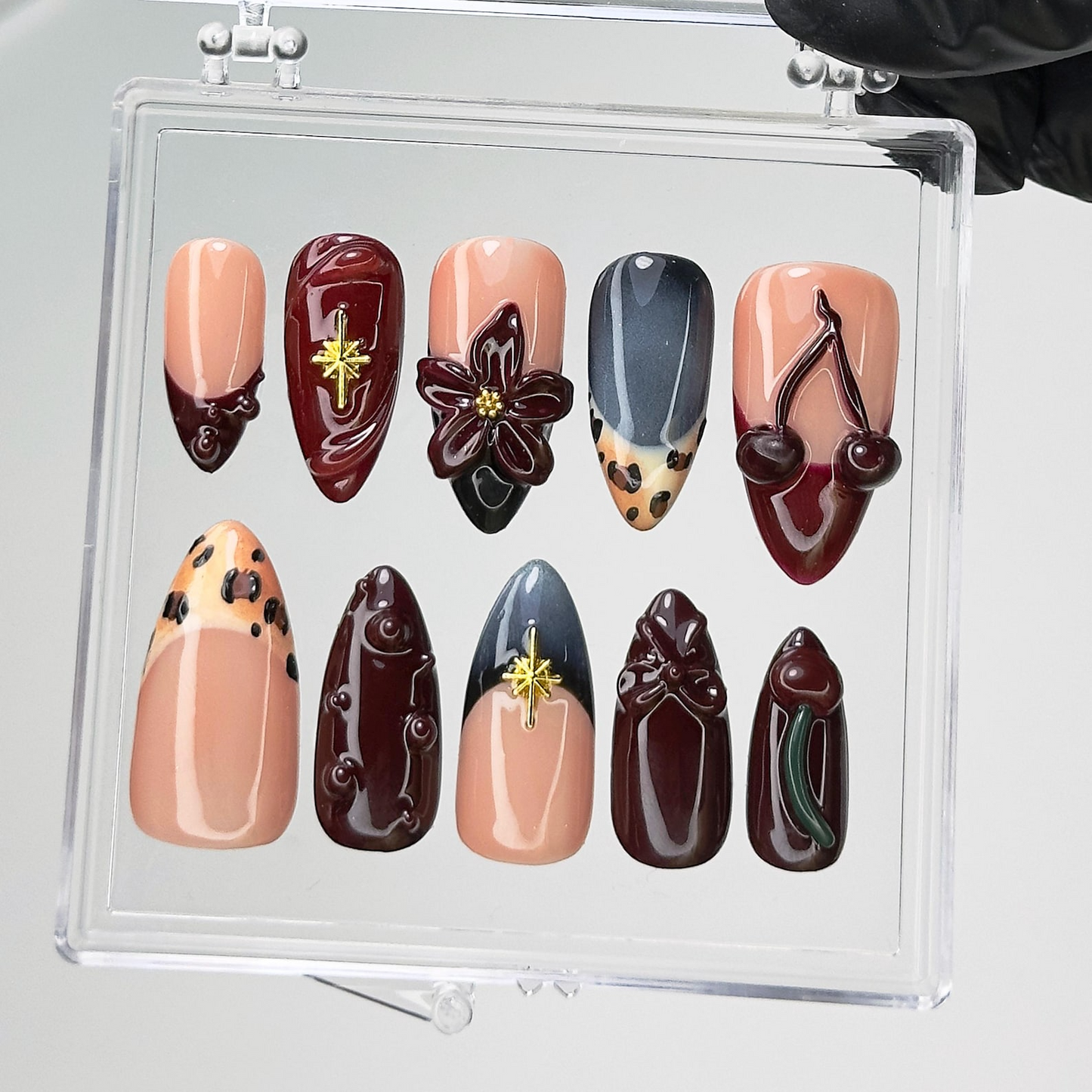 Cherry Blossom Burgundy Press On Nails | 3D Cherry Fake Nails | Dark Red Leopard Nail Art | Leopard Print Press Ons | Luxury Nails | HC708YK