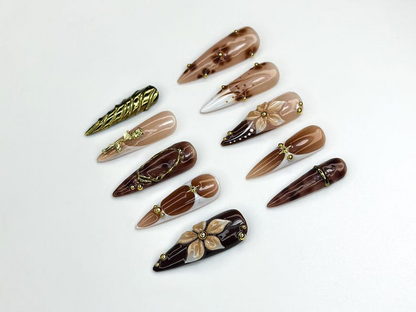 Autumn Brown Gold Press On Nails | 3D Floral Nail Art | Fall Inspired Nail Set | Handmade Neutral Nails | Elegant Long Press Ons | JC1121BK