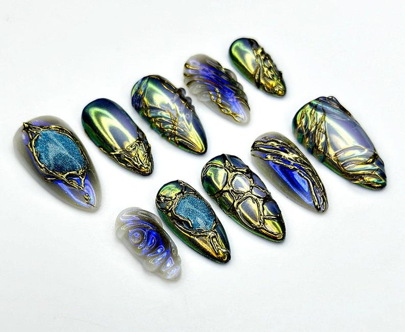 Midnight Armor Press On Nails | Metallic Dragon Scale Nail Art | 3D Fantasy Sculpture Nails | Gothic Iridescent Tips | JC939EK