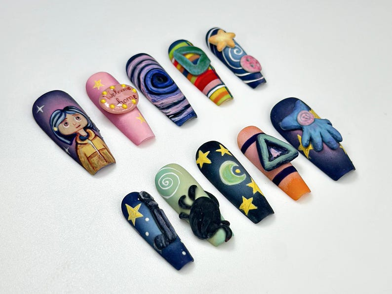 Creepy Cute Cartoon Press On Nails | Handmade 3D Starry Night Nails | Halloween Nail Art | Unique Spooky Nail Set | JA136HC