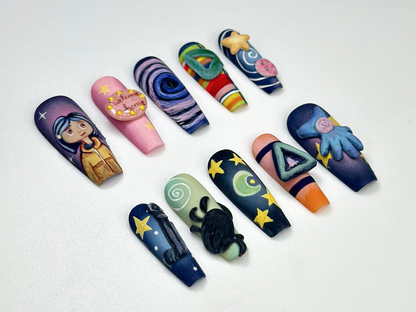 Creepy Cute Cartoon Press On Nails | Handmade 3D Starry Night Nails | Halloween Nail Art | Unique Spooky Nail Set | JA136HC