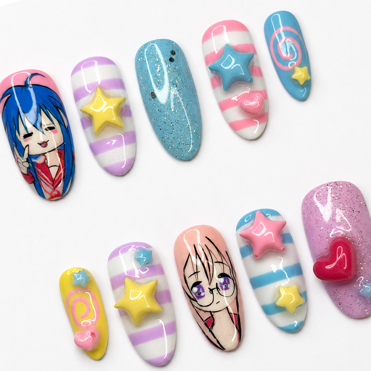 Kawaii Anime Press On Nails • Cute Pastel Gift for Her • Hand Painted Cartoon Star Heart Glitter Fake Nails | OA002LG