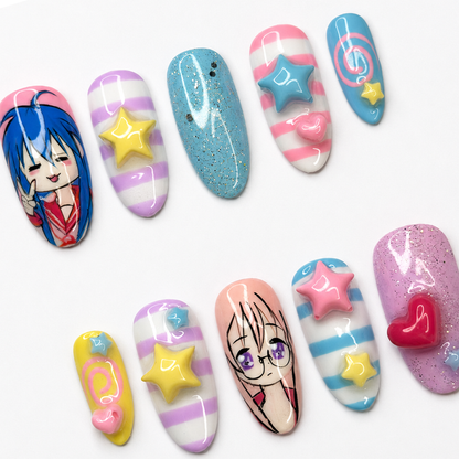 Kawaii Anime Press On Nails • Cute Pastel Gift for Her • Hand Painted Cartoon Star Heart Glitter Fake Nails | OA002LG