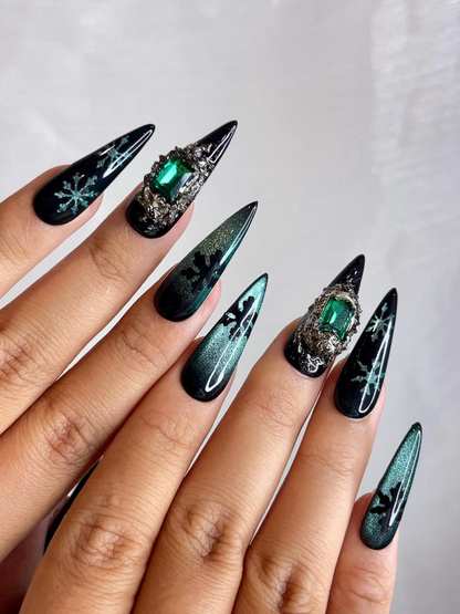 Emerald Snowflake Christmas Press On Nails | Black Green Winter Nails | Luxe Holiday Nail Art | Stiletto Press Ons | Winter Set | JB237HC