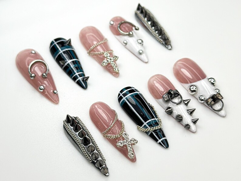 Punk Cross Chain Press On Nails | Gothic Plaid Nail Art | Spiked Pierced Punk Nails | Black White Silver Press Ons | Edgy Nail Set | JC864HK