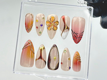 Sunset Gold Press On Nails | Warm Ombre Floral Nail Art | Bronze & Orange Fake Nails | Shiny Sunset Ombre Nail Polish |Classy Nails |HC886YC