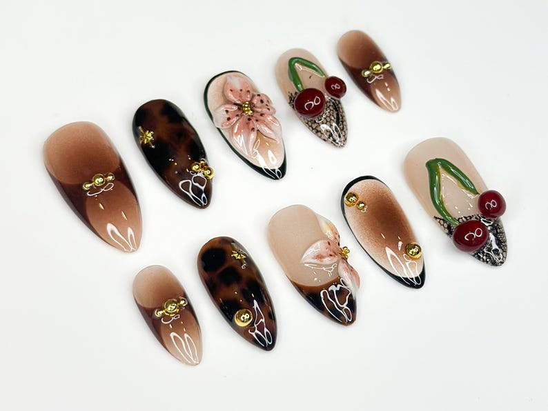 Tortoiseshell Fall Press On Nails | 3D Fruit & Floral Nail Art | 3D Cherry Blossom Nail Design| Handmade Luxury Nail| Elegant Nail | JC187HK