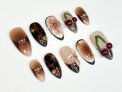 Tortoiseshell Fall Press On Nails | 3D Fruit & Floral Nail Art | 3D Cherry Blossom Nail Design| Handmade Luxury Nail| Elegant Nail | JC187HK