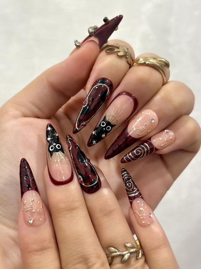 Gothic Ruby Witch Press On Nails | Red Black Sorcery Nail Art | 3D Ring Accents & Mystic Symbols | Luxury Dark Glam Set | HB1202EC