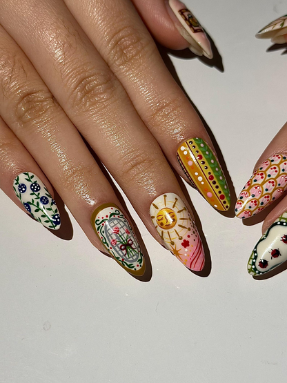 Hand Painted Vintage Floral Fake Nails | European Folk Art Nail Design | Soft Pastel Art Nails | Storybook Style Press Ons| JB304H