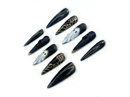 Midnight Phantom Press On Nails | Gothic Ghost Nail Art |Black Sparkle with 3D Ghost & Web Details | Handmade Long Coffin Press Ons |JC141EK