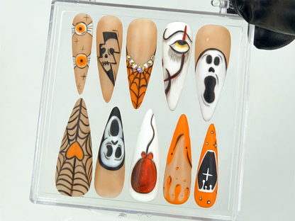 Gothic Halloween Press On Nails | Creepy Orange and Black Fake Nails | Unique Halloween Acrylic Nails | Ghost and Skull Nail Art | HB564YK