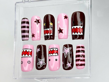 Kawaii Pink Monster Press On Nails | Domo Character Nail Art | Pink & Brown Cartoon Nails | Cute Star Stripes Nails | Handmade Nails|HC970DC