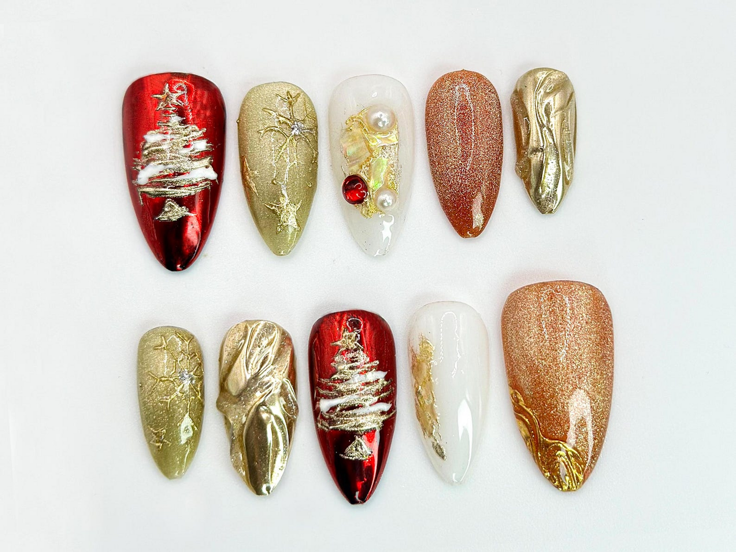 Christmas Tree Press On Nails | Red & Gold Holiday Nail Art with 3D Details | Christmas Tree, Pearl Accents | Holiday Nail Set| JC536HC