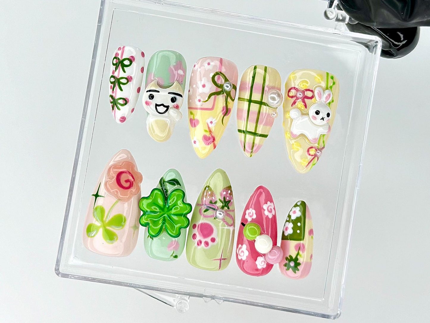 Kawaii Cute Press On Nails by DoryNails | Pastel Bunny Clover 3D Press Ons | Sakura Bunny Fake Nails | Kawaii Spring Nail Art | HB827YC
