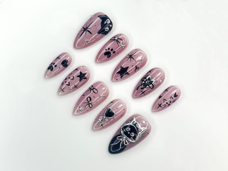 Bengals Cat Press On Nails | Holiday Chrome Pink Nails | Cute Bow & Stars Nail Art | Christmas Gift for Her | Mystic Winter Cat Press On Nails  JB1182BC