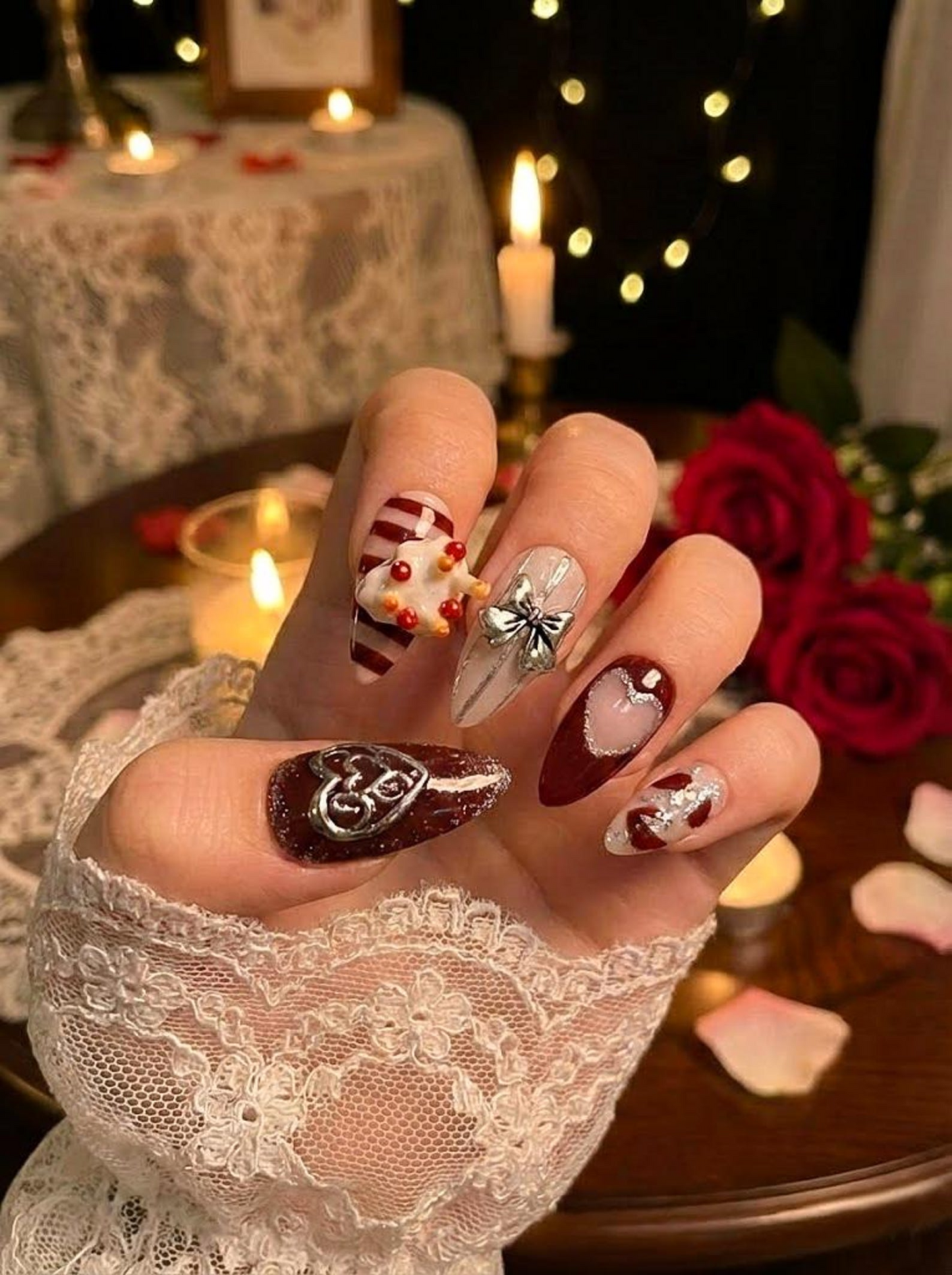Valentine Heart Press On Nails | Roxy Nails Press On | Romantic Burgundy Red and Silver 3D Nail Art  | Handmade Love Themed Fake Nails for Women & Gift HB996GK