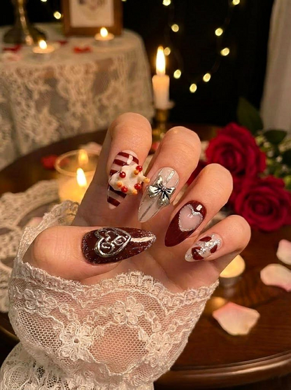 Valentine Heart Press On Nails | Roxy Nails Press On | Romantic Burgundy Red and Silver 3D Nail Art  | Handmade Love Themed Fake Nails for Women & Gift HB996GK