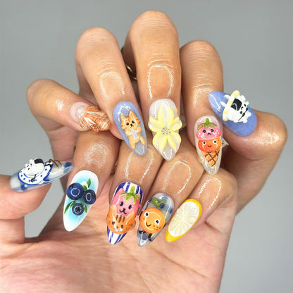 3D Kawaii Almond Nails | Handpainted Onigiri, Animal, Fruit Designs | OB404LK