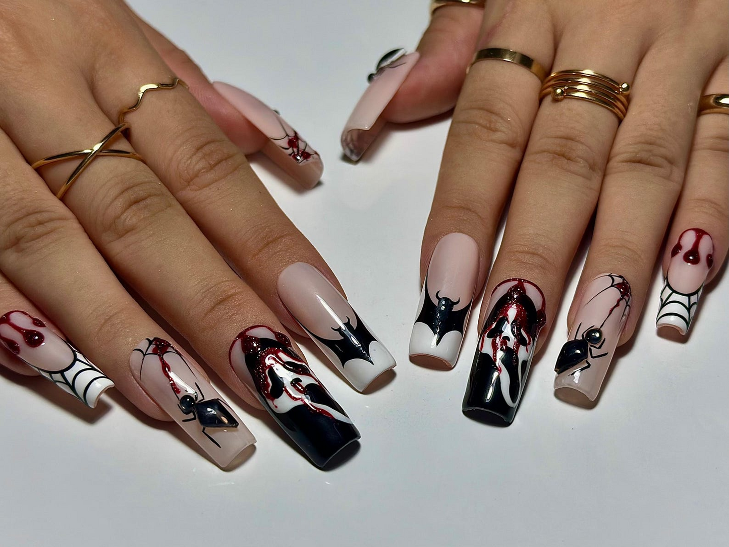 Gothic Spider Web Press On Nails | 3D Black Widow and Blood Drip Art | Scream Ghost & Webbed Bat Design | Halloween Horror Nail | JB980EC
