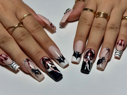 Gothic Spider Web Press On Nails | 3D Black Widow and Blood Drip Art | Scream Ghost & Webbed Bat Design | Halloween Horror Nail | JB980EC