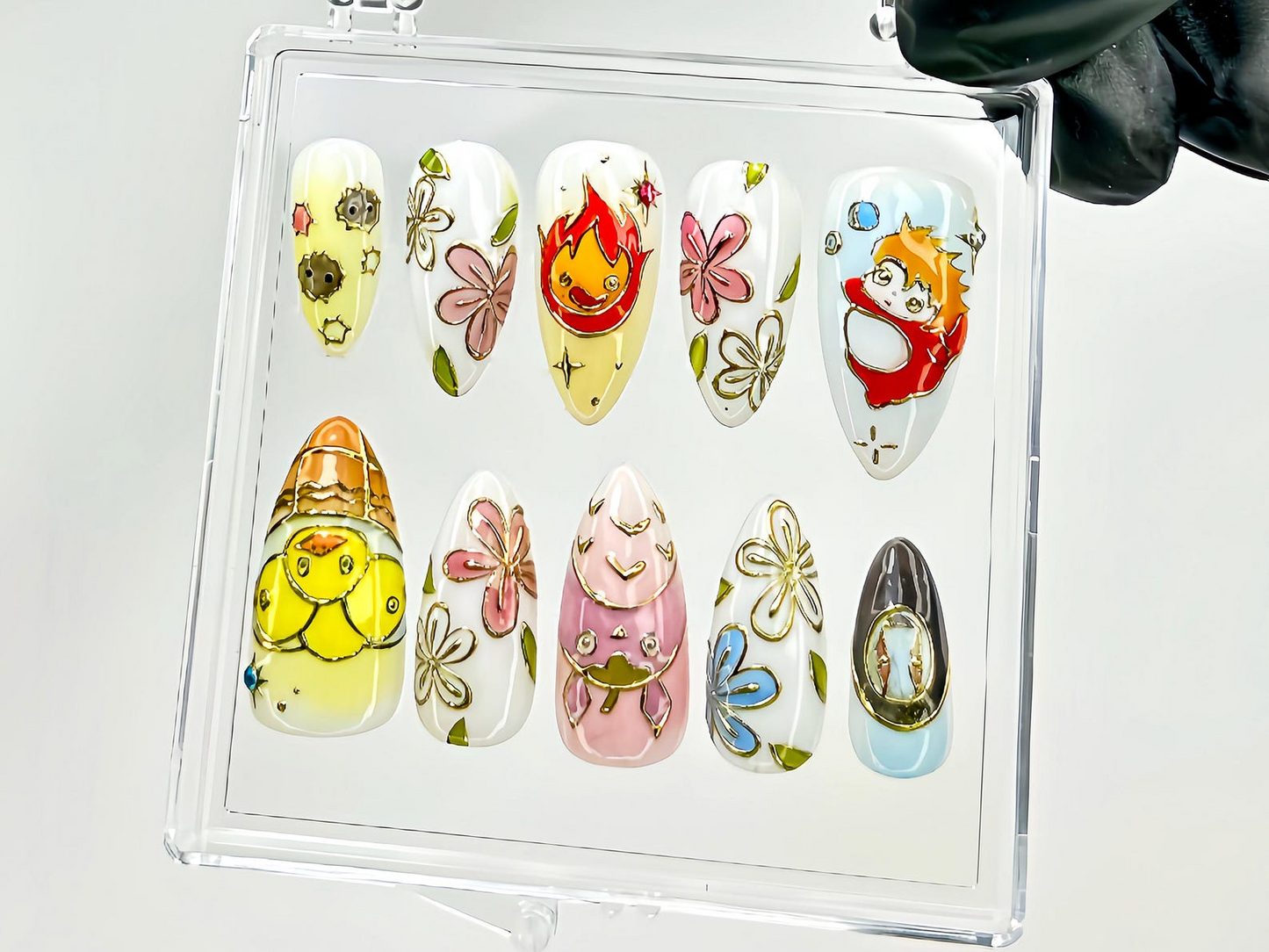 Cute Anime Press On Nails | Ghibli Characters & Floral Fake Nails | Kawaii Anime Nail Art | Ponyo Totoro Calcifer Press Ons | HB1021YC