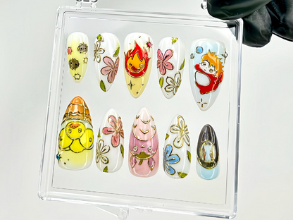 Cute Anime Press On Nails | Ghibli Characters & Floral Fake Nails | Kawaii Anime Nail Art | Ponyo Totoro Calcifer Press Ons | HB1021YC