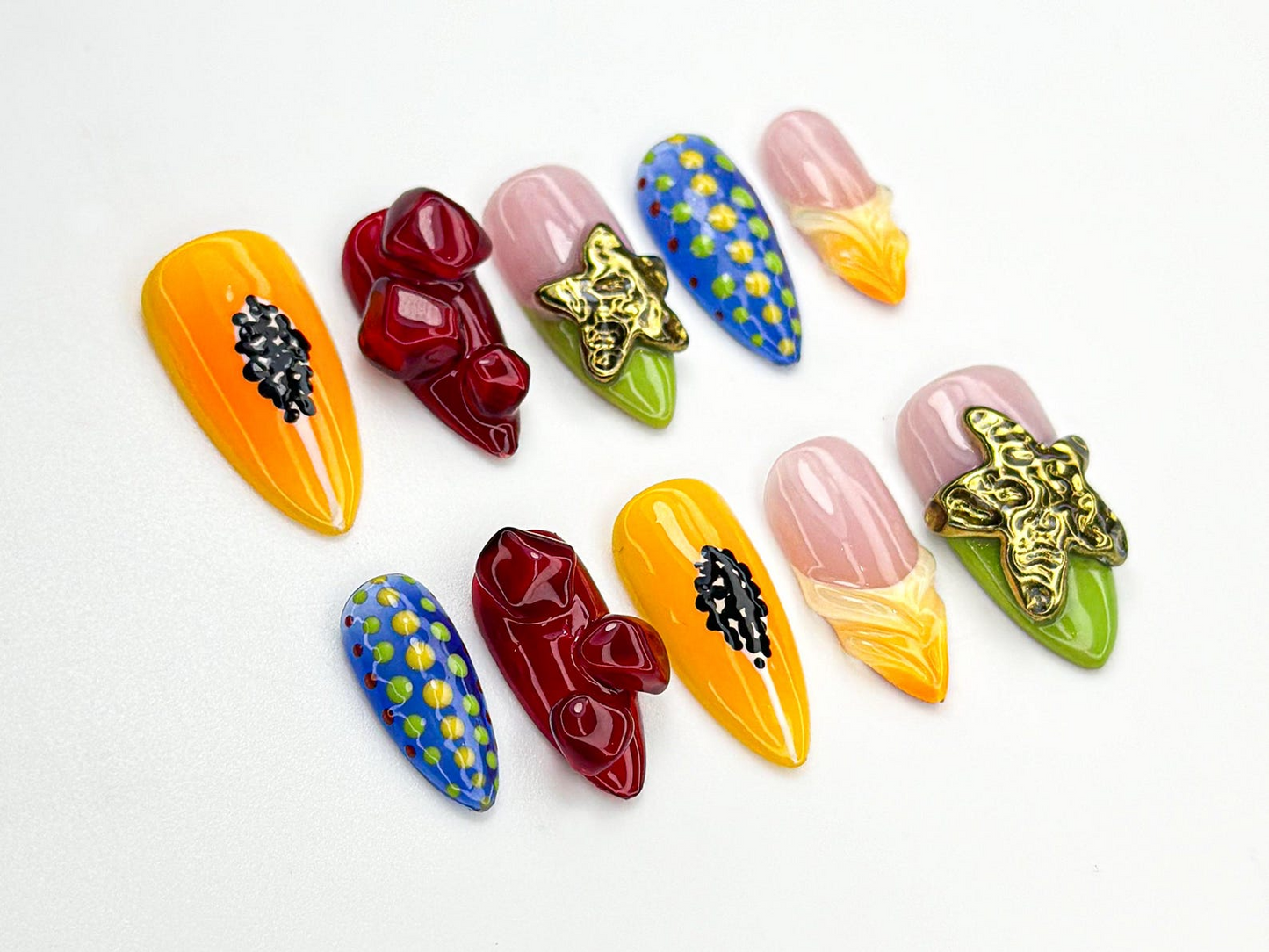 Tropical Fruit Press On Nails | 3D Papaya, Corn & Dragonfruit | Vibrant Handmade Nail Art | Exotic Summer Nail Set| Cute Fruit Nail | JB873H