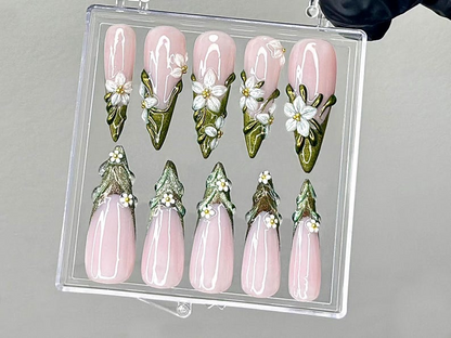 Sculpted Floral Press On Nails | Glossy Green Leaf Nail Art | Ethereal Spring Press Ons | Elegant Flower Tips Fake nails | Luxury | HB944YK