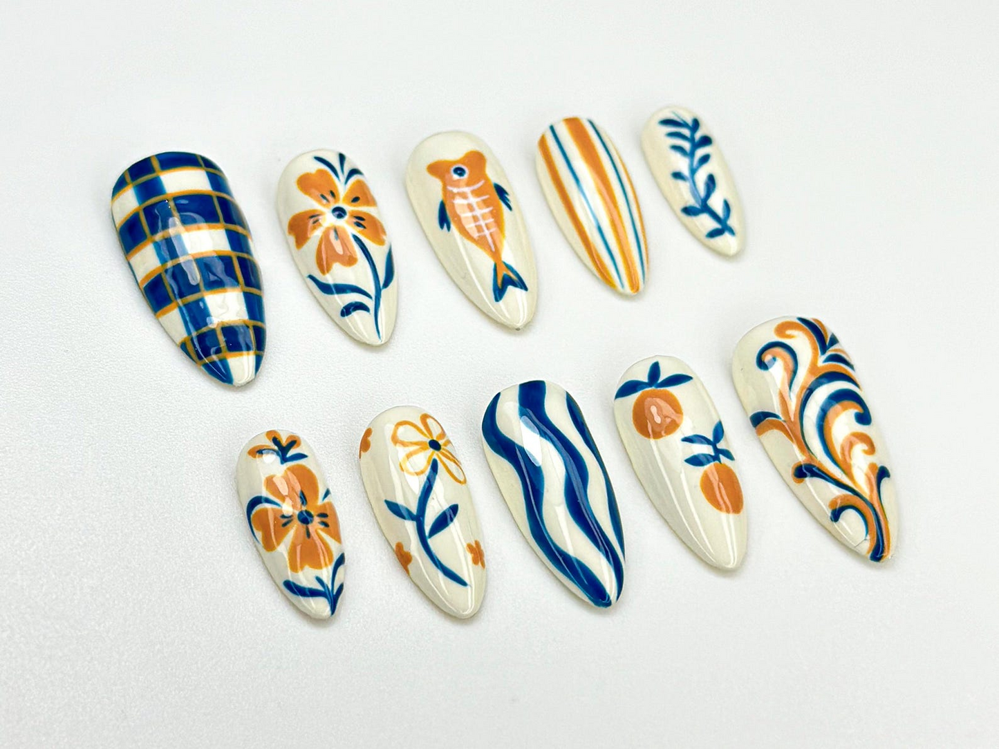 Summer Pottery Press On Nails | Blue Orange Floral Nail Art | Greek Pattern Summer Nails | Hand Painted Ceramic Style Nails | JC910HK