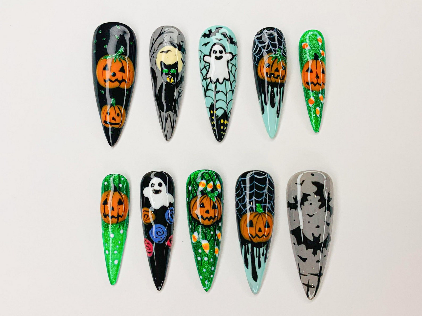Combo Creepy Cute Halloween Nails | 3D Pumpkin, Ghost & Spider Web Nail Art | Handmade Haunted Press On Set