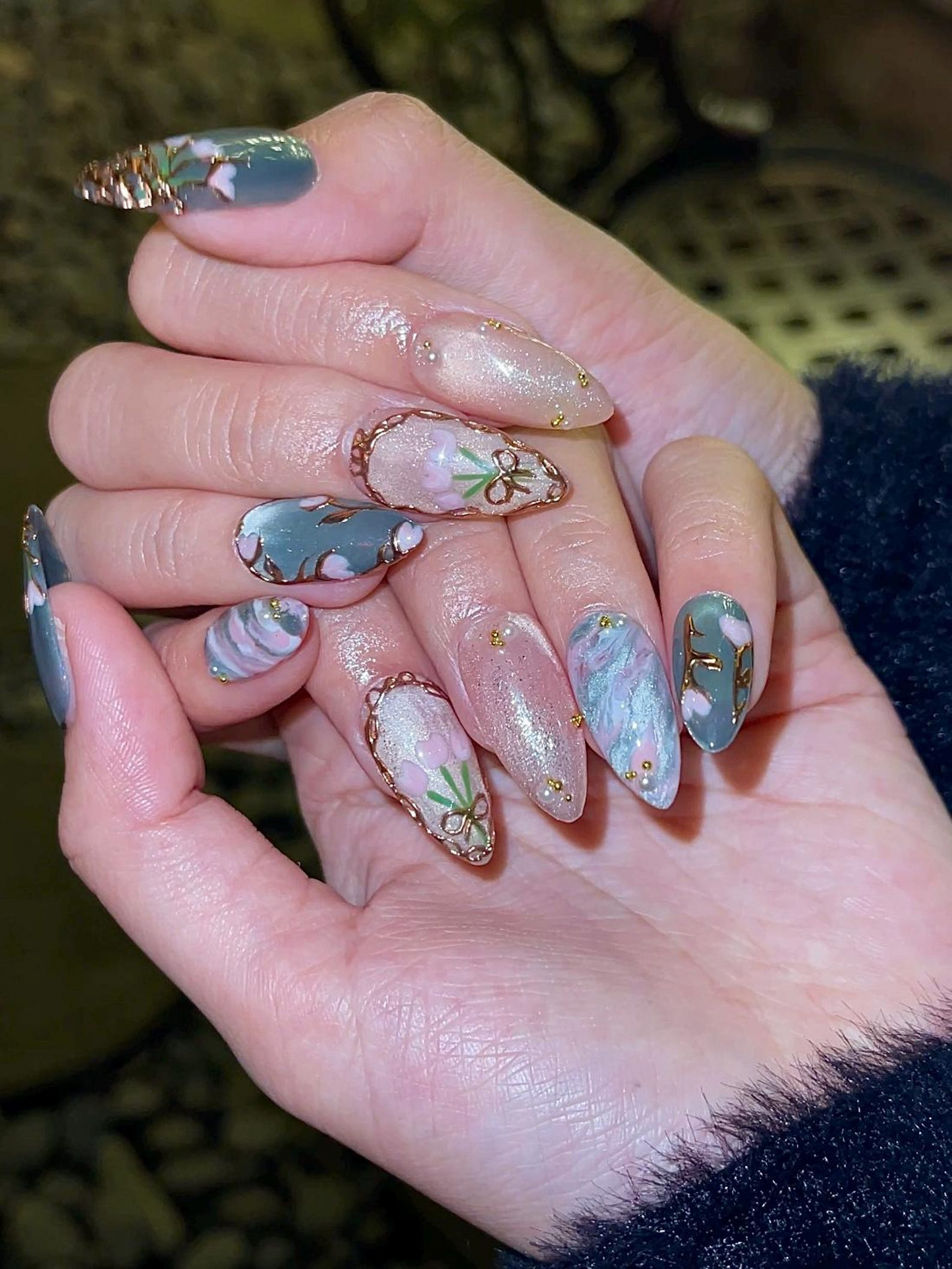 Vintage Tulip Press On Nails, Sage Green and Pink Marble Nails with Gold Rose Frame, Elegant Floral Hand-Painted Custom Nails, OB307HK