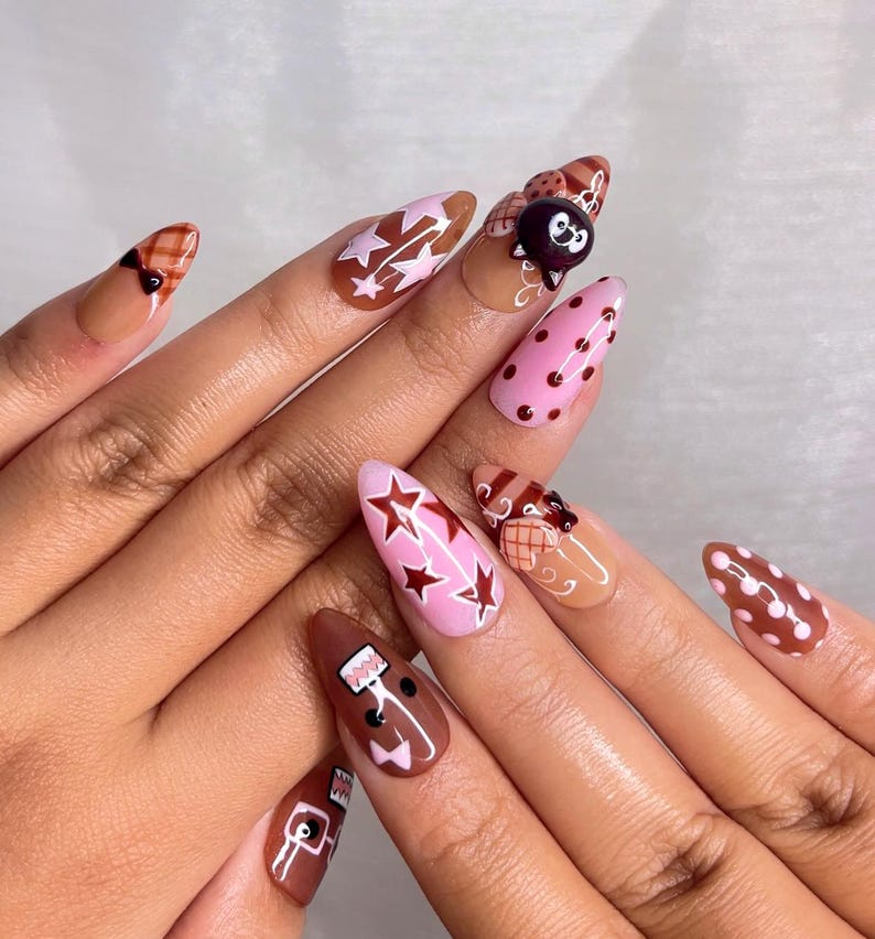 Chocolat Bear Cute Press On Nails | Kawaii Cartoon & 3D Cat Nails | Pink Brown Retro Nail Art | Handmade Fun Press Ons | JB221EC