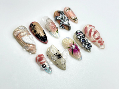 Abstract Blossom Art Press On Nails | Mixed Media 3D Nail Sculpture | Handmade Artistic Nail Tips | Metallic Floral Fantasy Set | JB956EC