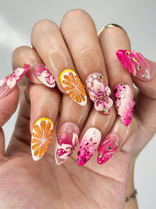 Summer Citrus & Dragon Fruit Nails | Pink Lily n Orange Slice Press Ons | Luxury Tropical Lemon Fruit Stiletto Art | JB376IC