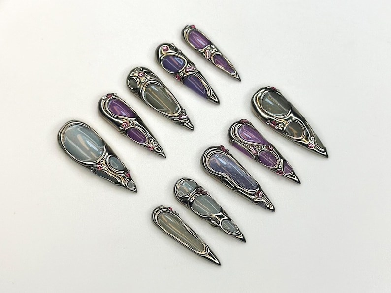 Futuristic Metallic Press On Nails | Silver Frame Nail Art | Gemstone Inspired Handmade Nails | Gray & Purple Luxury Nail Set | HC1158BC