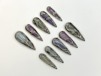 Futuristic Metallic Press On Nails | Silver Frame Nail Art | Gemstone Inspired Handmade Nails | Gray & Purple Luxury Nail Set | HC1158BC
