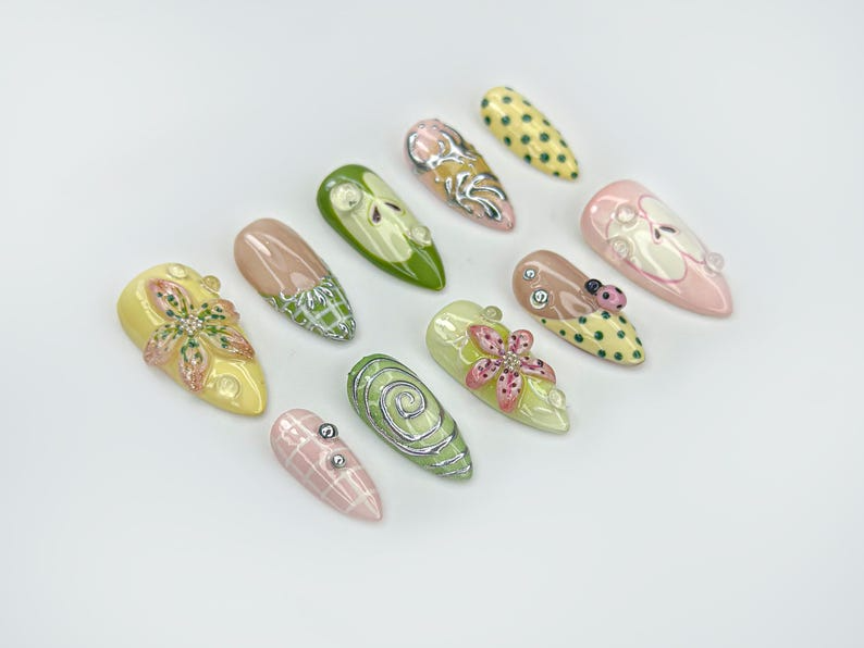 Green Garden Press On Nails | 3D Floral Accents, Ladybug Charms & Whimsical Pastel Nail Art | Handmade Nature-Inspired Nail Set | JB123EC