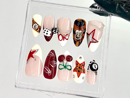 Leopard and Chain Accent Press On Nails | Gaming Themed Nail Art | Stylish Red Star Fake Nails | Leopard Print Accent Press Ons | HC726YC
