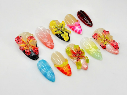 3D Floral Press On Nails | Handmade Flower Nail Set | Tropical Press On Nail Set| Vibrant Summer Nail Art for Women| JB912DC